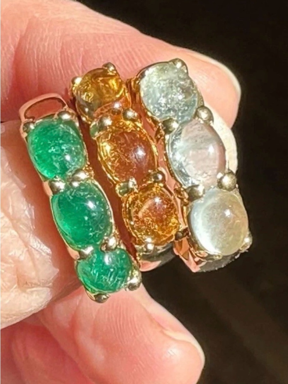 Midcentury 18K Gold Band Ring Trio with Emeralds, Yellow Topaz + Aquamarines
